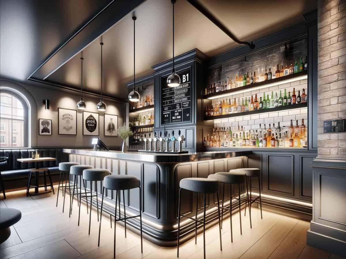 Bar with high stools and leaner tables